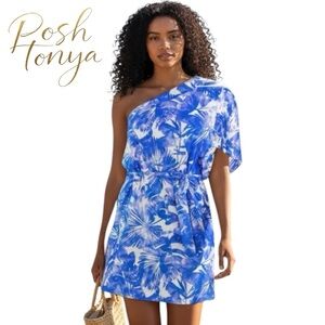 Trina Turk Basque Blue One Shoulder Swim Coverup Dress Size M Tropical Resort